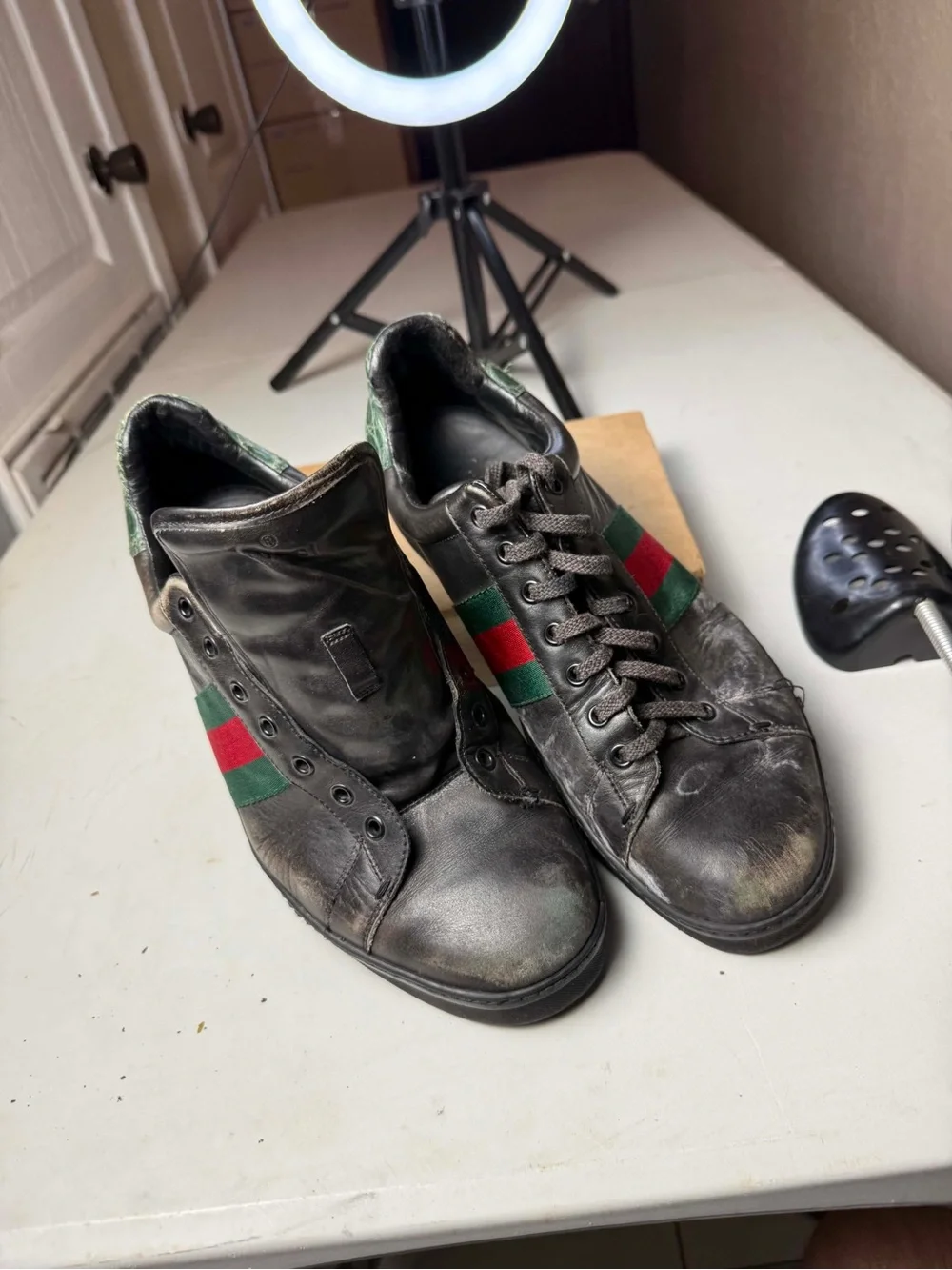 Men's GUCCI 'Web' Black Leather Sneakers ACE crocodile Sz 11 G / US 12